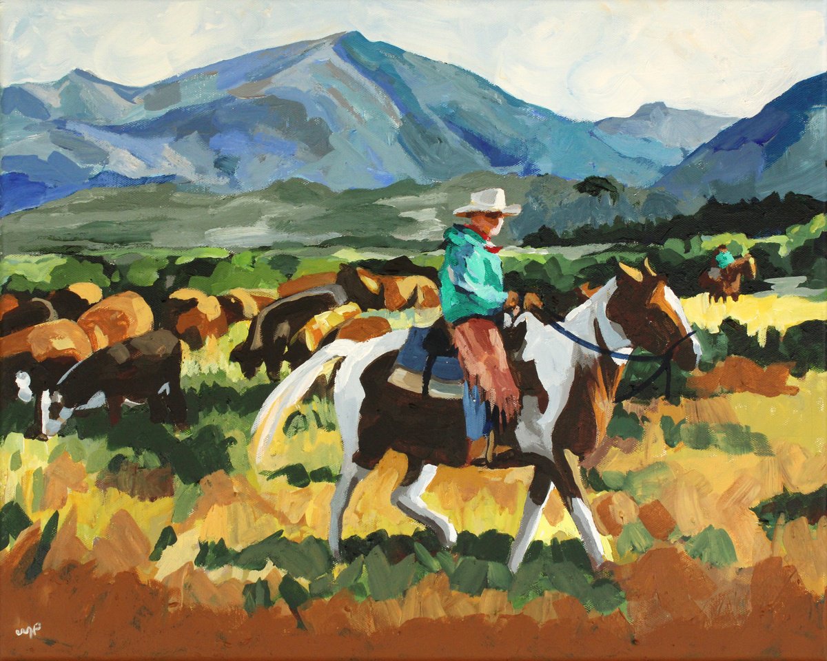 Impressionistic Animal Acrylic Painting By Melinda Patrick, 20 X 16", Herd Check, Original Artwork