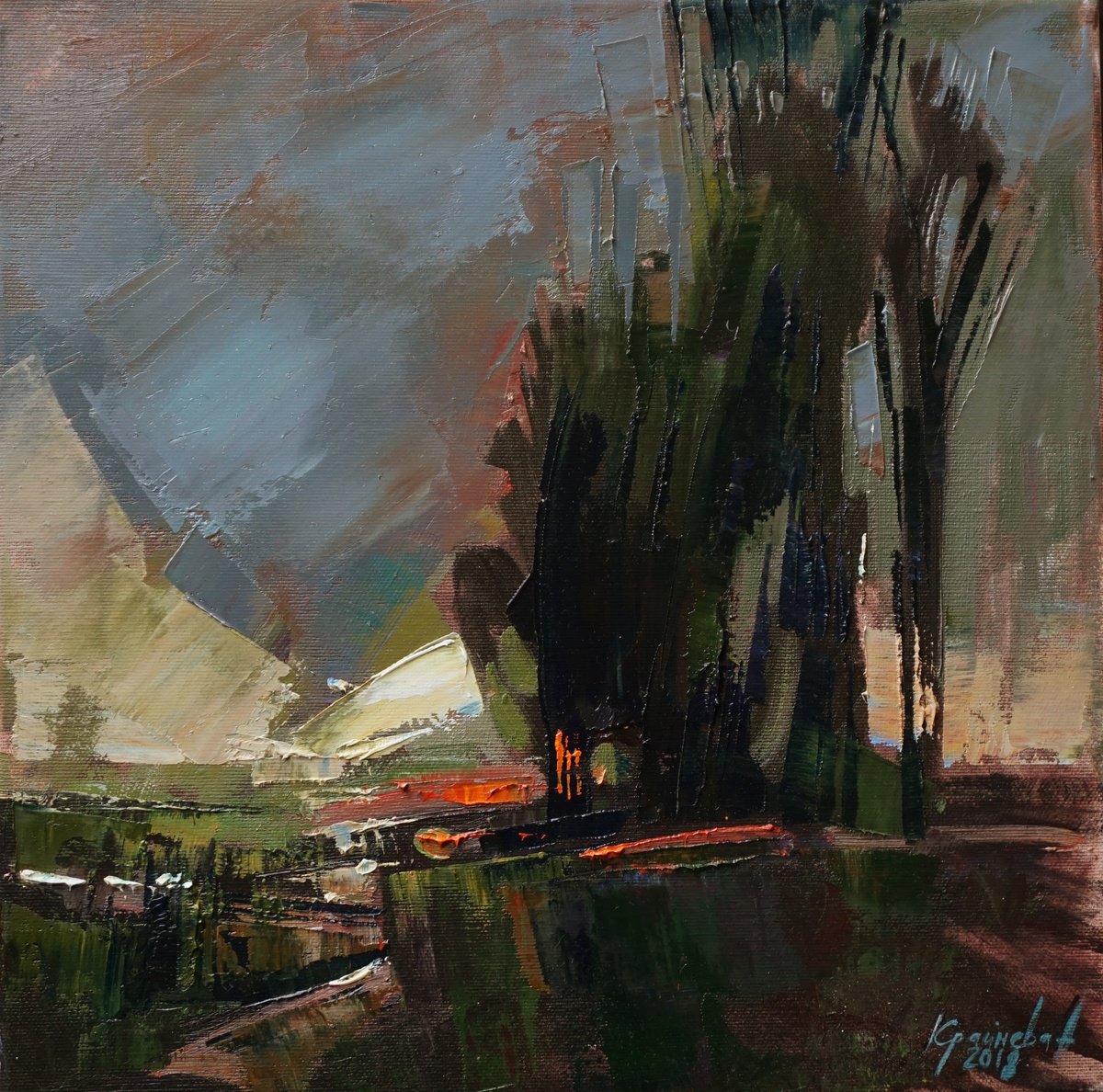 Impressionistic Landscape Oil Painting By Anastasiia Kraineva (Masniuk), 14 X 14, Autumn Wind, Original Artwork