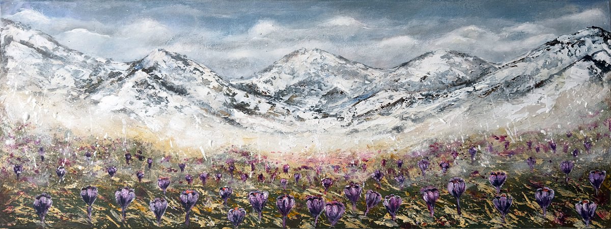 Landscape Acrylic Painting By Misty Lady - M. Nierobisz, 31 X 12", Springtime Crocus Dance, Original Artwork