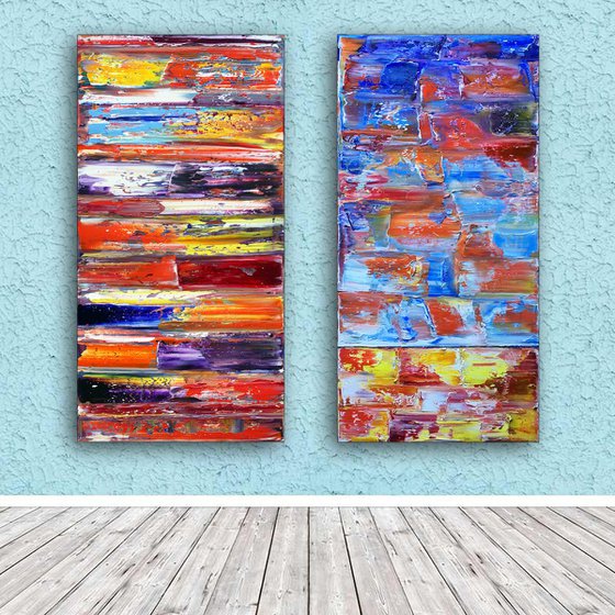 "Fire And Ice" - Save As Series - Original Extra Large PMS Abstract Diptych Oil Paintings On Canvas - 48" x 48"