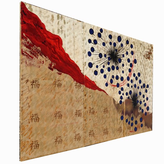 Ocher japanese A857 Large abstract paintings 100x150x2 cm set of 3 original abstract acrylic paintings on stretched canvas
