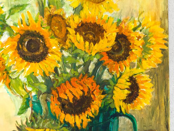 Sunflowers with green vase