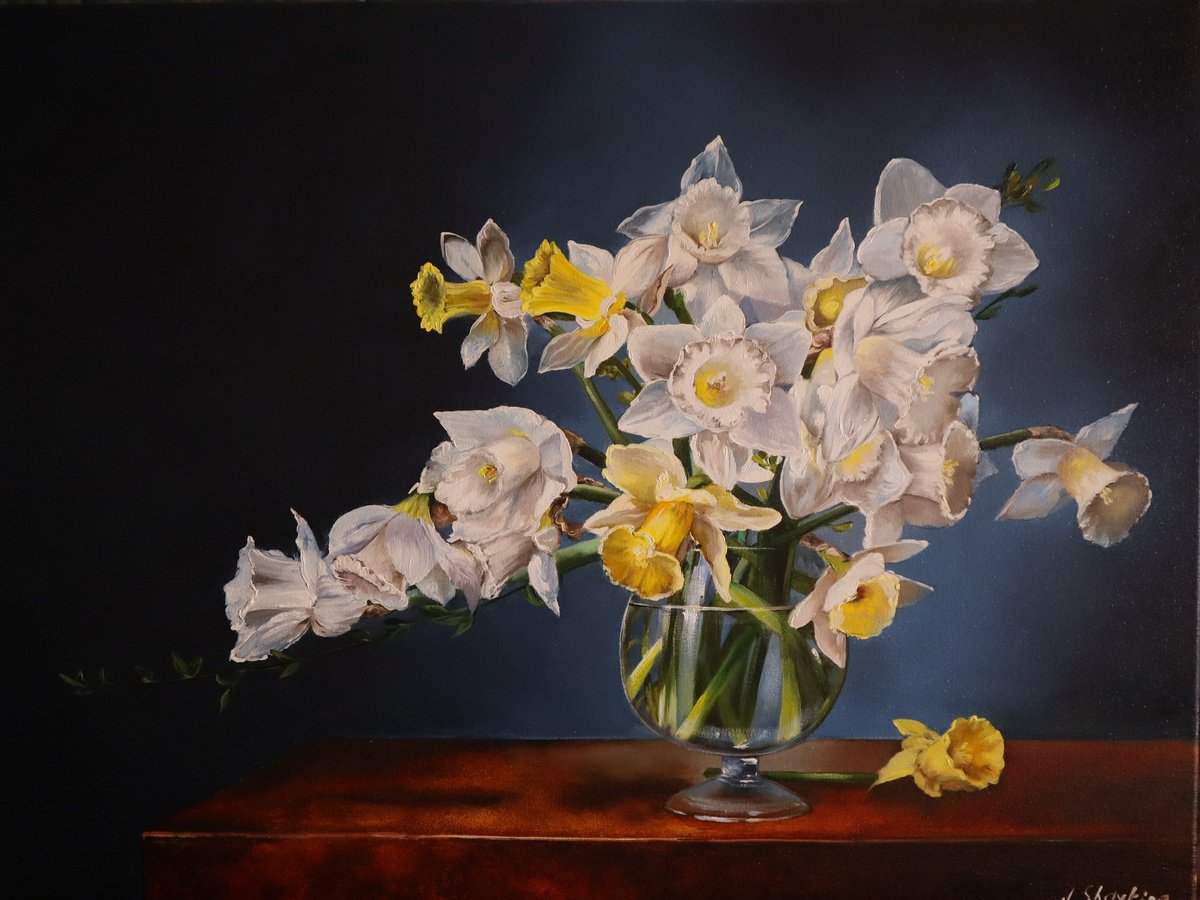 Impressionistic Botanical Oil Painting By Natalia Shaykina, 24 X 18", Daffodils, Delicate Bouquet, Original Artwork