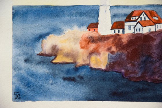 Lighthouse original watercolor painting on craft paper, sea and rocks, hygge home decor