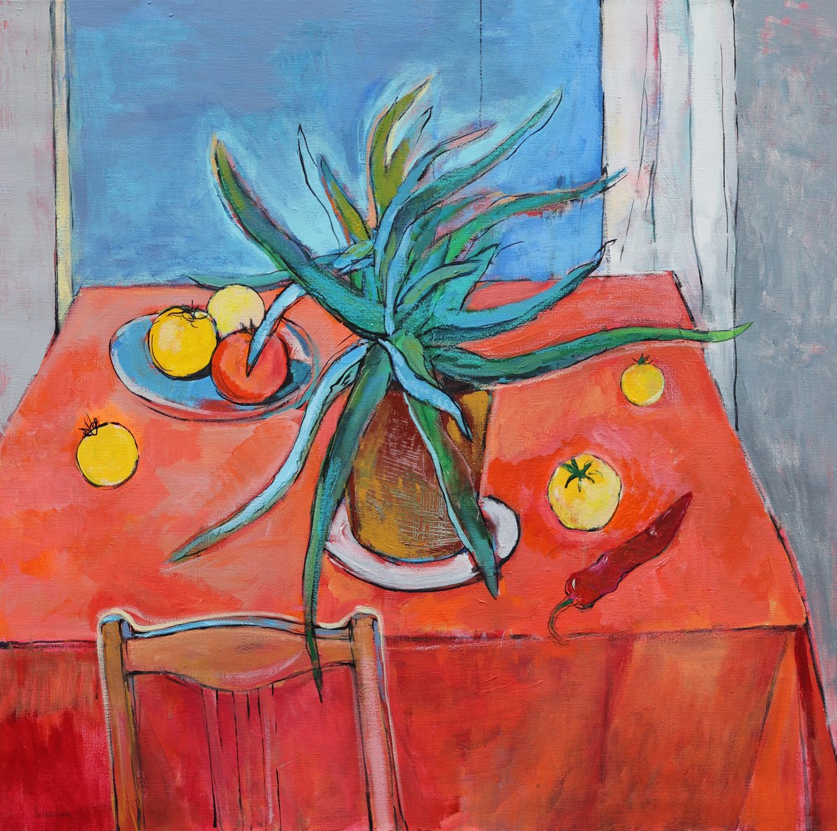 Impressionistic Still Life Acrylic Painting By Artem Andreichuk, 39 X 39, Aloe Vera And Yellow Tomatoes, Original Artwork