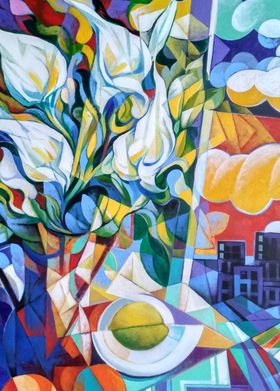 Still life with callas (80x90cm, cubism, oil painting, ready to hang)