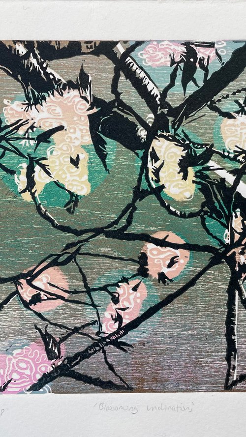 Blossoming Inclinations - Spring Blossom Contemporary Linocut Print by C Staunton