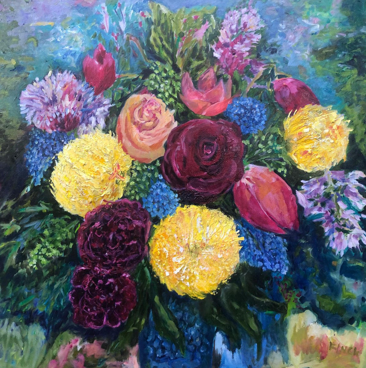 Impressionistic Botanical Oil Painting By Maureen Finck, 36 X 36", Flowers With Love, Original Artwork