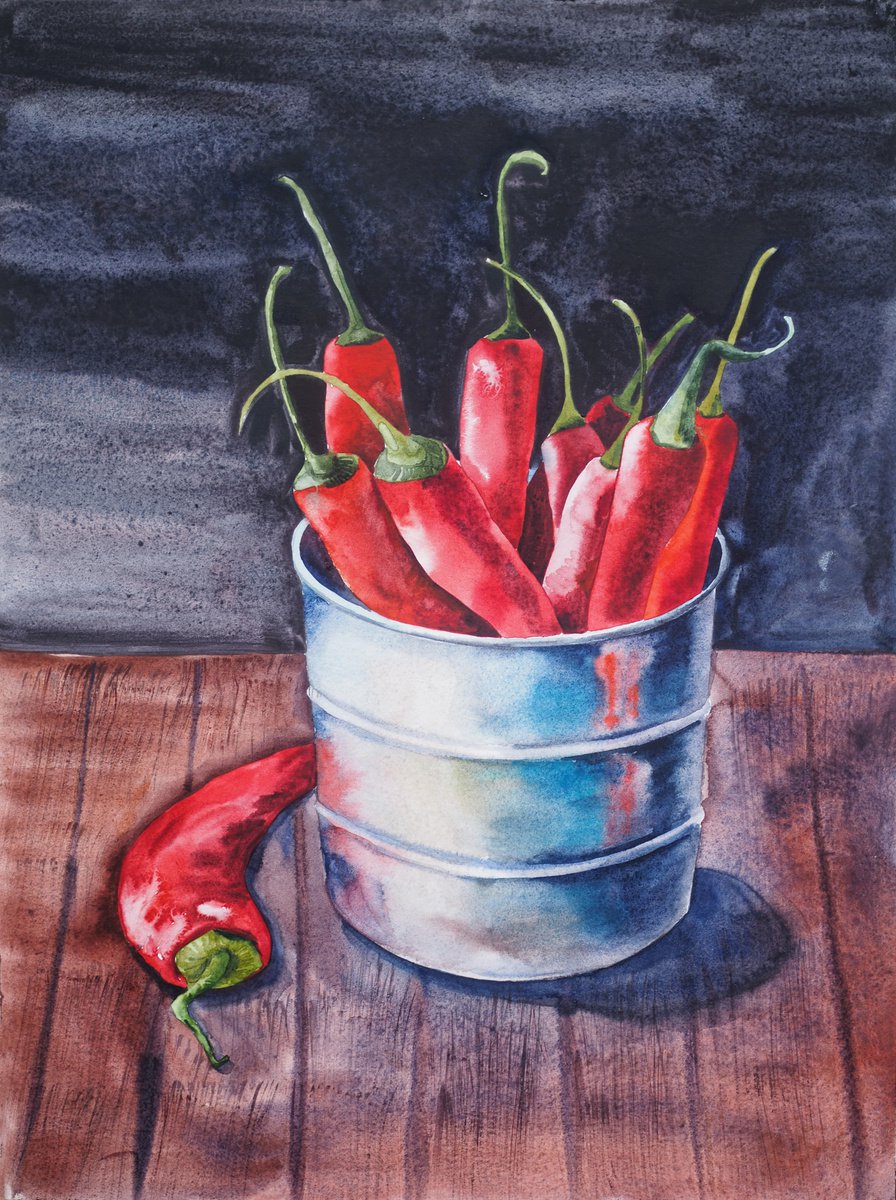 Peppers on darkness light - original watercolor artwork by Delnara El