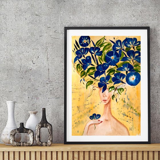 Faceless Painting Woman Original Art Female Portrait Small Watercolor Girl with Blue Flowers Hat Artwork Home Wall Art 12 by 17" by Halyna Kirichenko