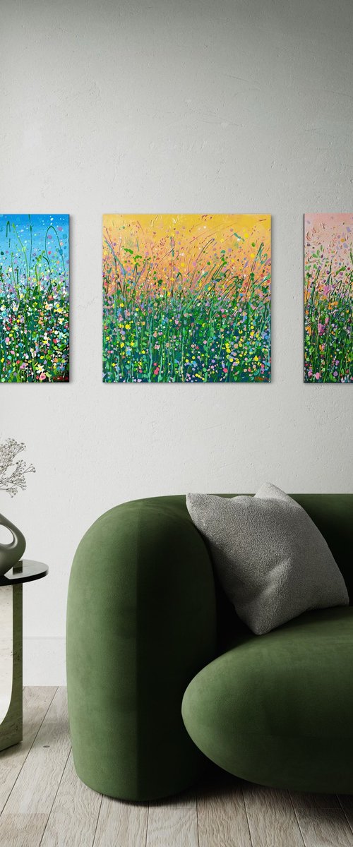 Meadow Dawn to Dusk / triptych by Adriana Dziuba