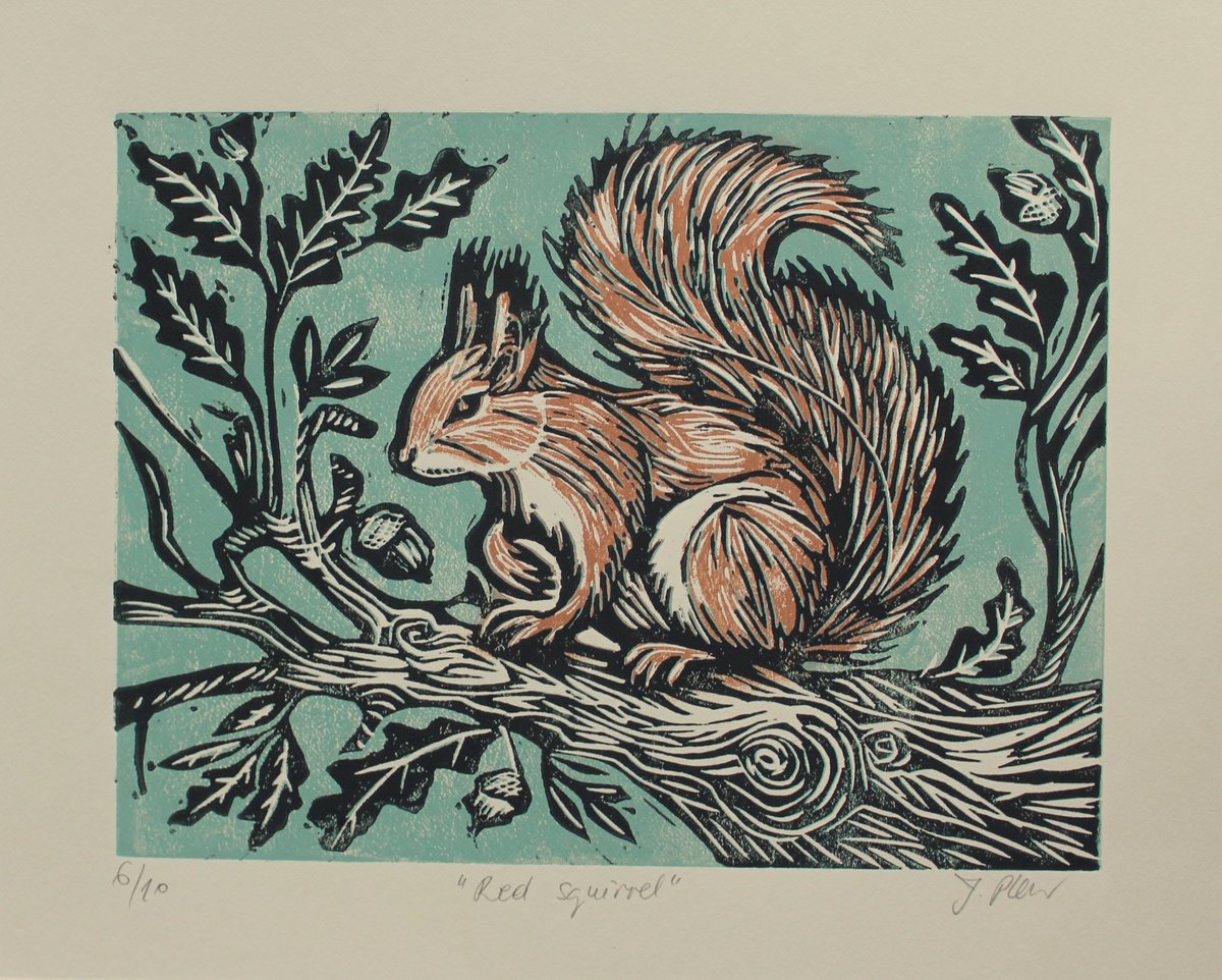 Graphic Landscape Linocut By Joanna Plenzler, 12 X 9, Red Squirrel (Ivory Paper), Original Artwork