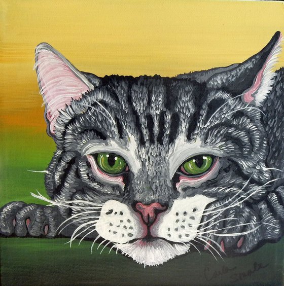 Grey Tabby Pet Cat Original Art Painting-8 x 8 Inches Deep Set Stretched Canvas-Carla Smale
