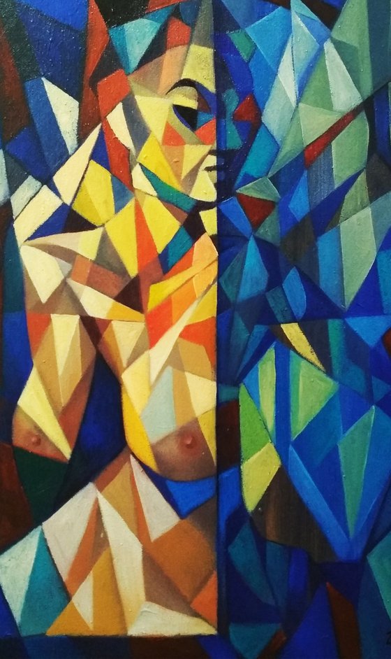 Night (40x50cm, cubism, oil painting, ready to hang)