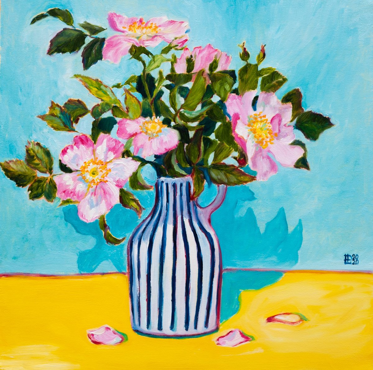 Botanical Oil Painting By Liudmila Pisliakova, 16 X 16", Wild Rose, Original Artwork