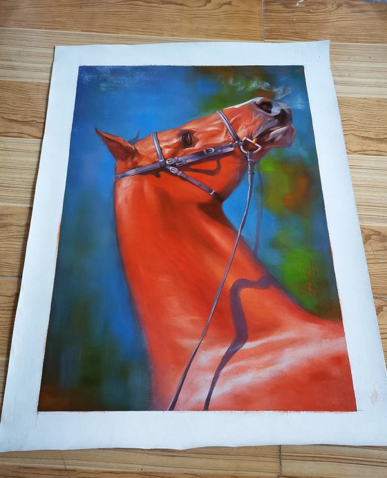 Oil painting animal artwork-Red horse