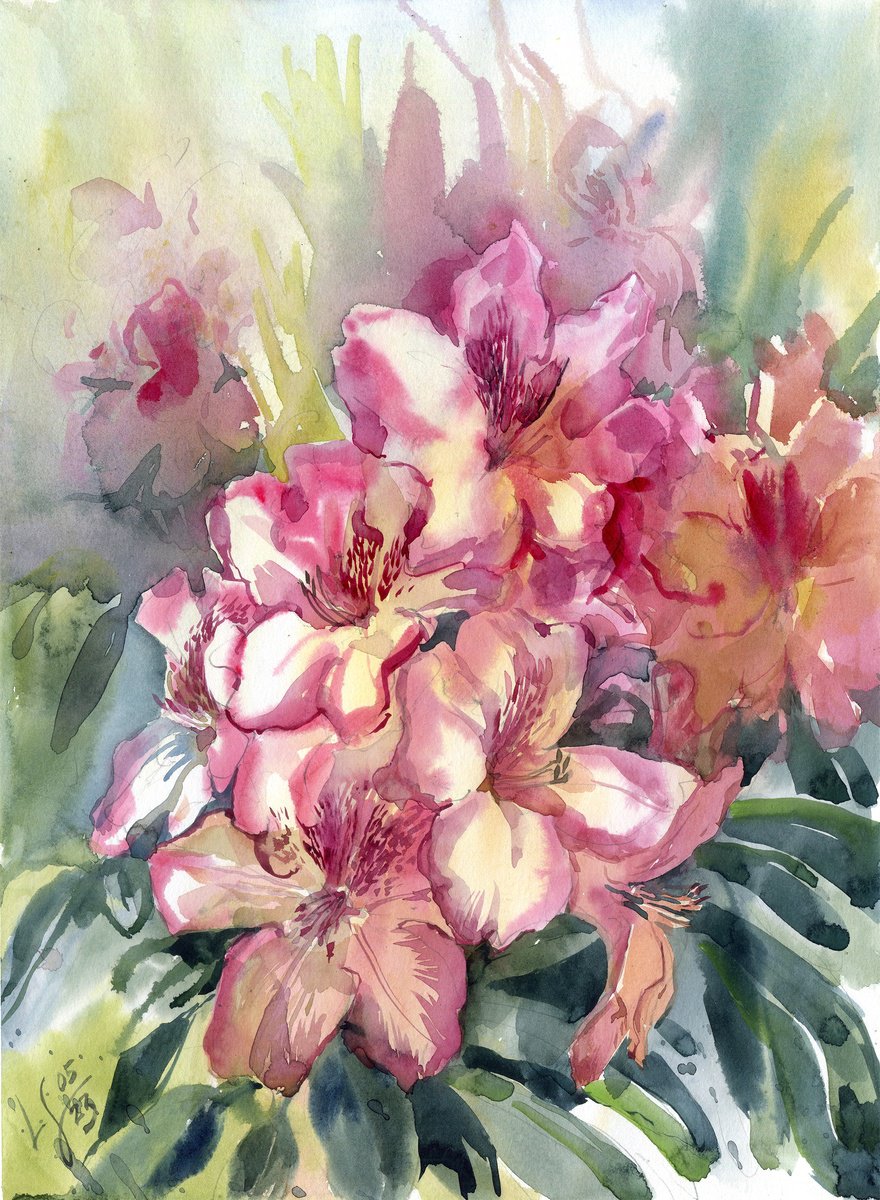 Impressionistic Botanical Watercolour By Svitlana Lagutina, 11 X 15", Pink Rhododendron Bush, Original Artwork