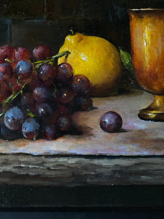 Lemon, Copper Cup and Grapes, Still Life Original Oil Painting on Wood by Nina R.Aide