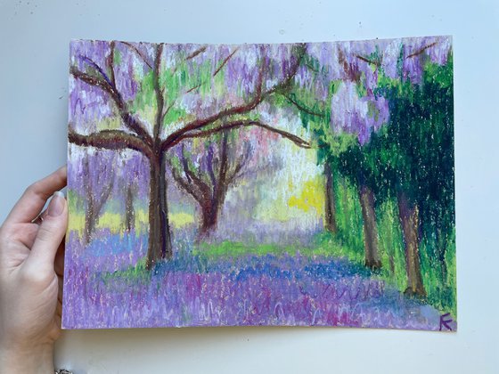 Garden Original Painting, Purple Tree Oil Pastel Drawing, Floral Wall Art, Gift for Her