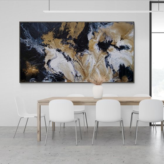 Golden Saturation 190cm x 100cm Gold Black White Textured Abstract Art