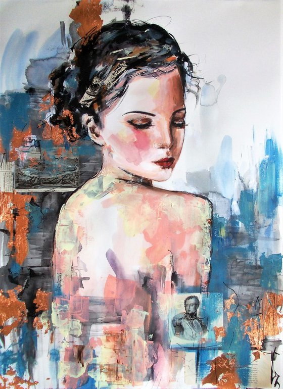 Hearing a Dream -\Woman Portait Acrylic Mixed Media  Painting on Paper