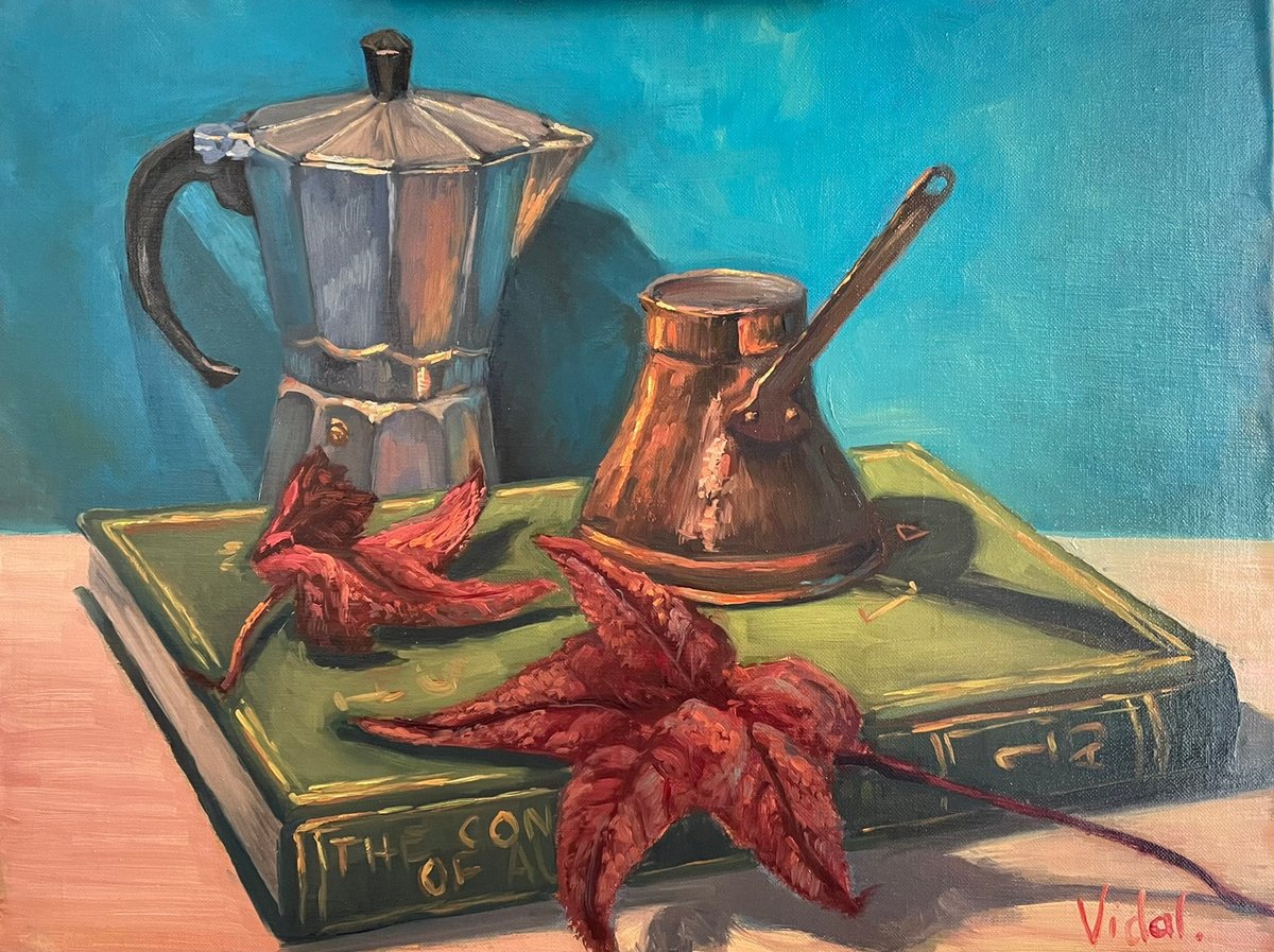 Coffee pots, books and autumn leaves - still life by Christopher Vidal