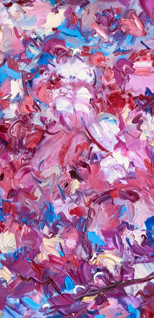 SAKURA BLOSSOM - abstract floral original oil on canvas painting, blue rose cherry-tree, Japan by Karakhan