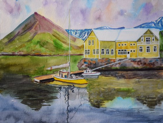 Watercolor painting Ships in Iceland, Green mountains and sea