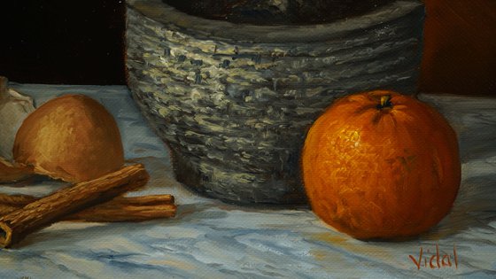 Pestle and mortar, orange, cinnamon and egg shell - still life