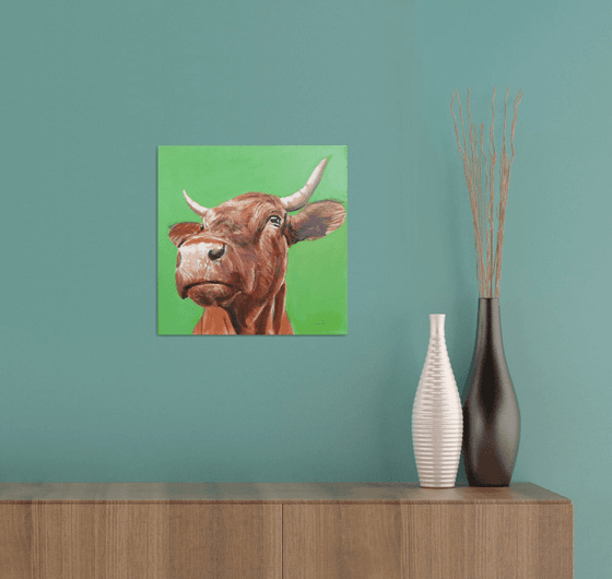 Cow close up painting green background