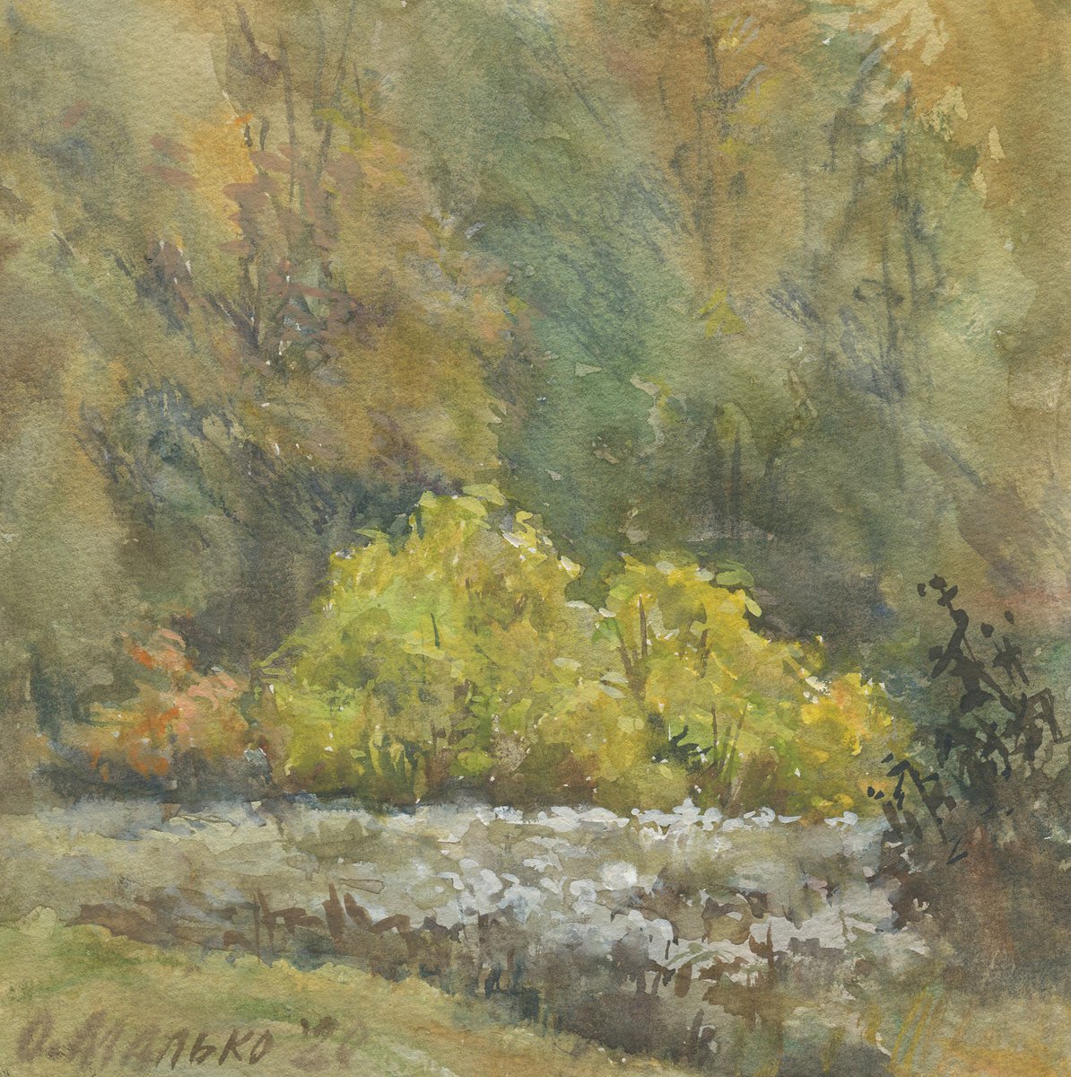 Yellow willow shrubs / Fall season. Autumn nature. Original watercolor painting by Olha Malko