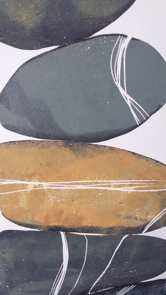 Zen stones - Twelve stones #11  ( banded balancing stones lino/monoprint)