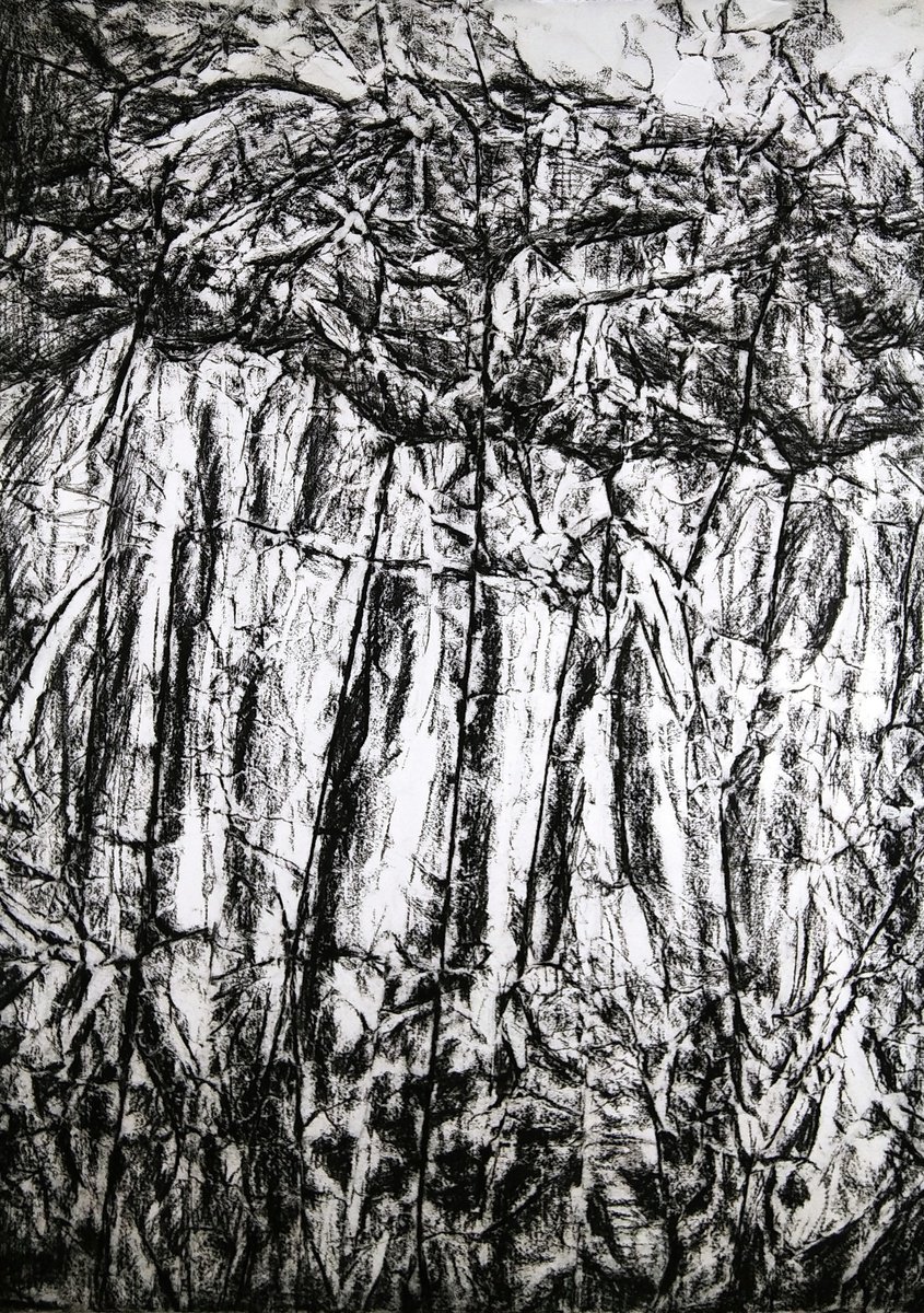 Organic Abstract Charcoal Drawing By Michael E. Voss, 22 X 32", Precipice, Original Artwork