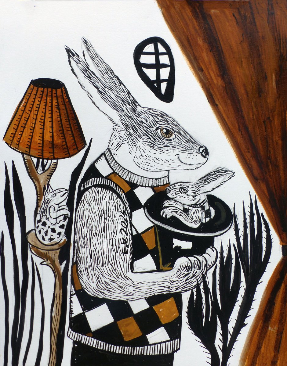 Surrealistic Animal Ink Drawing By Elizabeth Vlasova, 11 X 14, Circus Tricks, Original Artwork