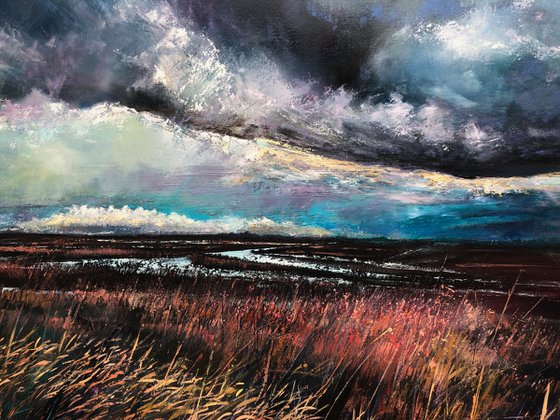 'Storm Across The East Marshes' Large Moody Landscape Oil Painting