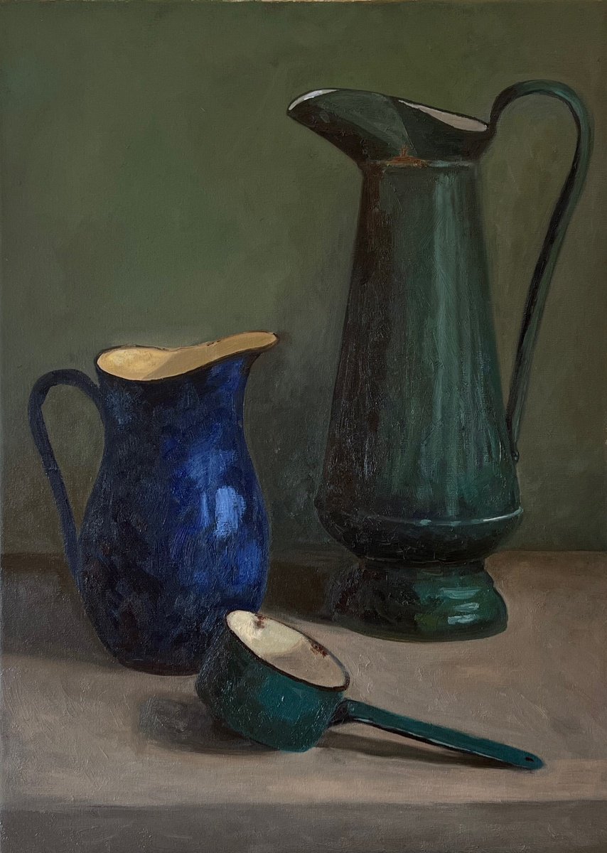 Still Life with green and blue jugs by Anna Novick