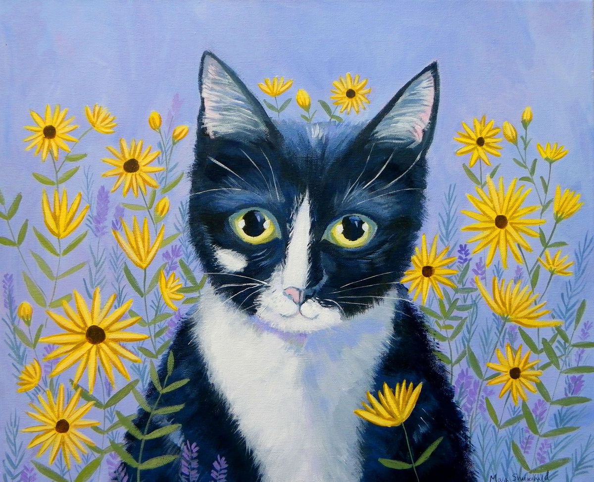 Naive Animal Acrylic Painting By Mary Stubberfield, 18 X 15", Kitty With Daisies, Original Artwork