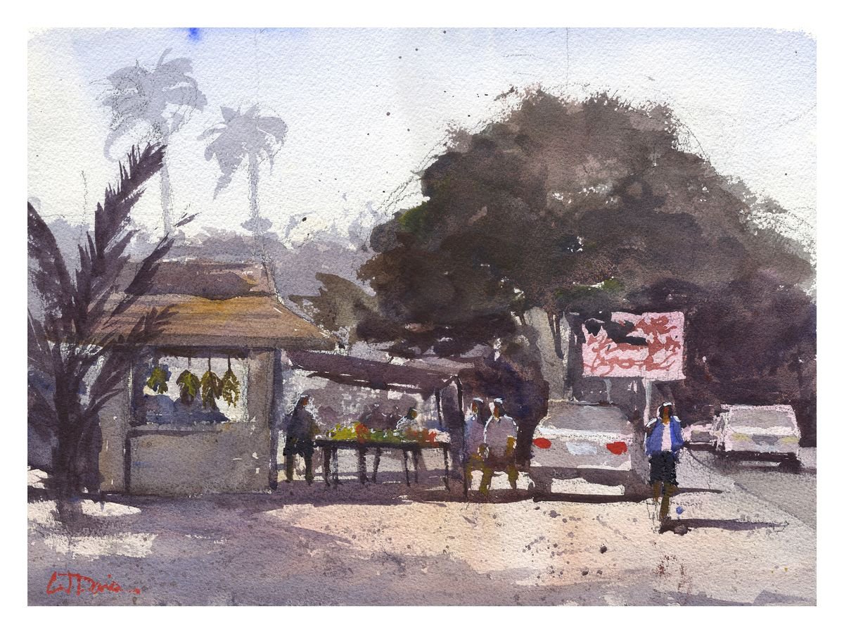 Impressionistic Cityscapes Watercolour By Cj Davis, 15 X 11, Fruit Stand, Original Artwork