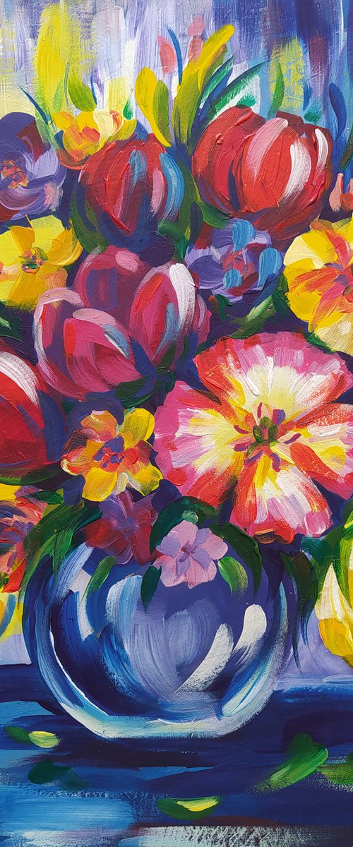 Tulips - flowers, tulips artylic, acrylic painting, bouquet of flowers, still life, bouquet of tulips, flowers in vase by Anastasia Kozorez