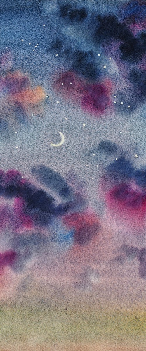 New moon - original watercolor sky painting by Delnara El