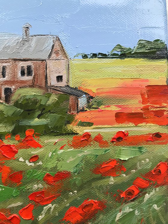 Poppy field landscape painting oil impasto art 25x25cm