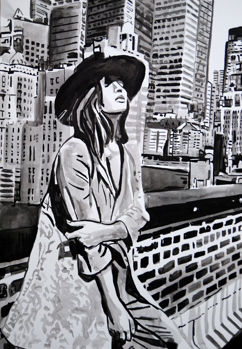 Urban And Pop Portrait Ink Drawing By Alexandra Djokic, 14 X 20, Girl With A Hat, Original Artwork