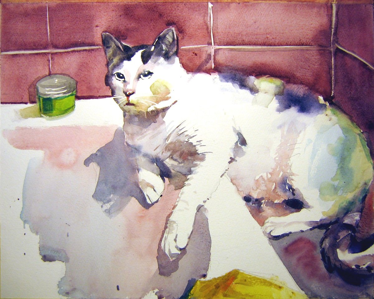 Animal Watercolour By Goran Zigolic Watercolors, 16 X 13, Cat In The Bathroom, Original Artwork