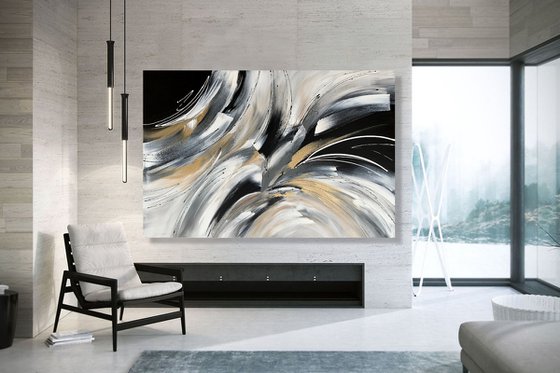 Wild and Free - XL LARGE;  GOLD, BLACK & WHITE ART; MODERN ABSTRACT ART – EXPRESSIONS OF ENERGY AND LIGHT. READY TO HANG!