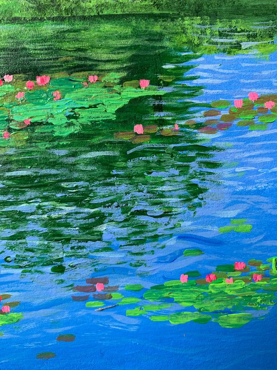 Boat near water lily pond ! A4 size Painting on paper