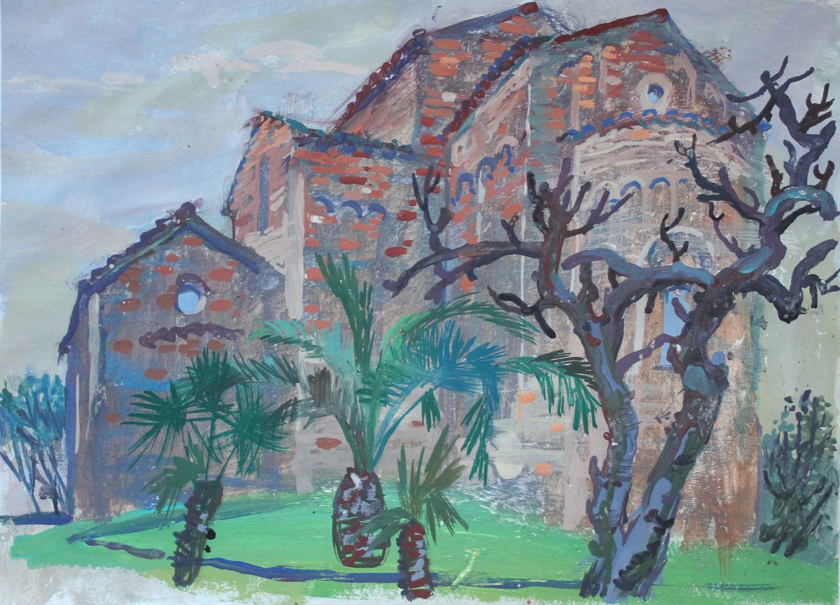 Impressionistic Cityscapes Painting By Olga Kataeva-Rochford, 15 X 11", Church In Basilicata, Original Artwork