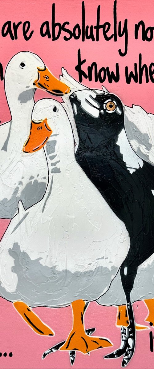 Ducks in a row Pink Magpie 61cm x 61cm by DEBORAH LANG
