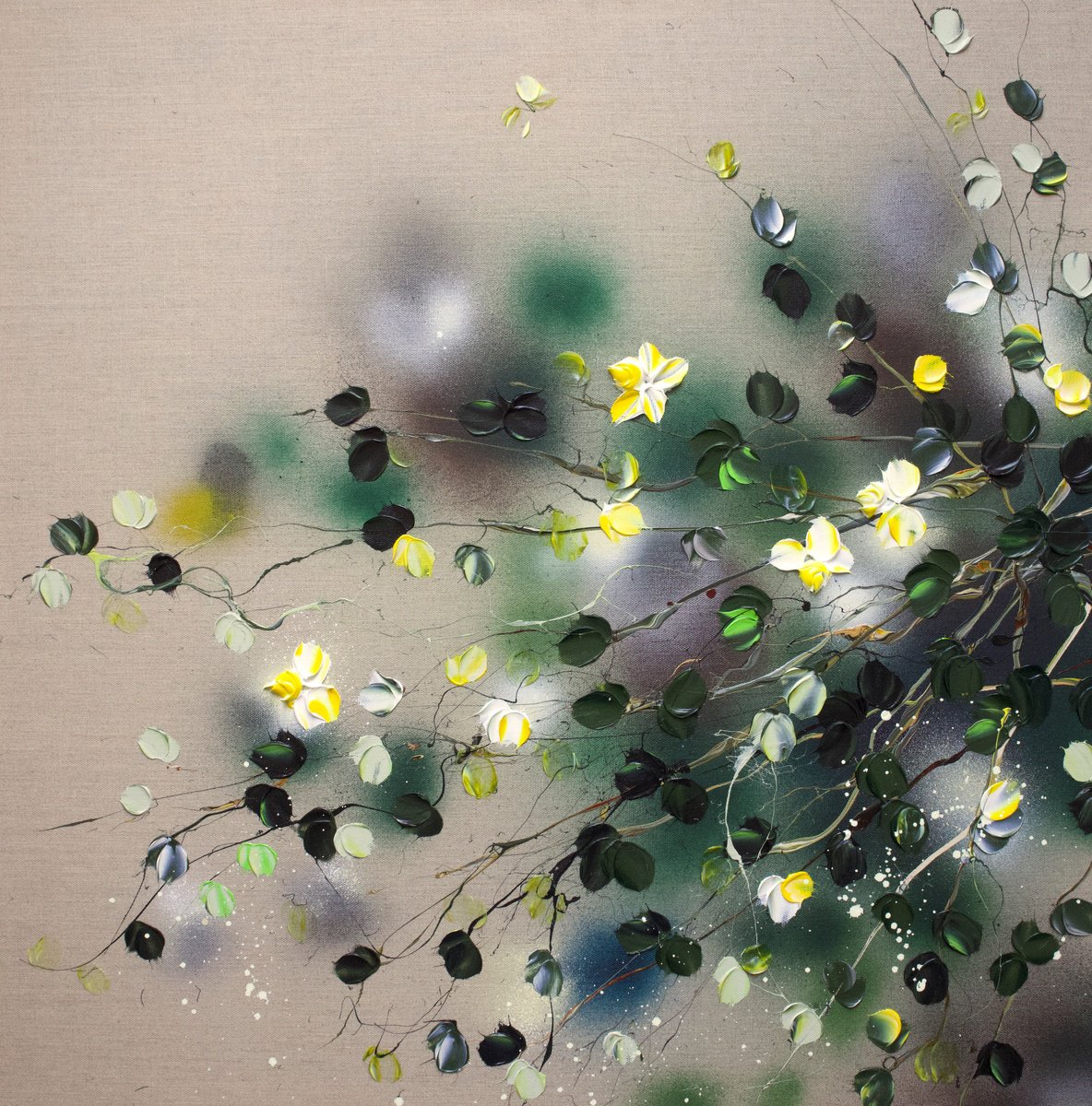 Expressive Botanical Acrylic Painting By Anastassia Skopp, 31 X 31, Calm Summer Evening, Original Artwork