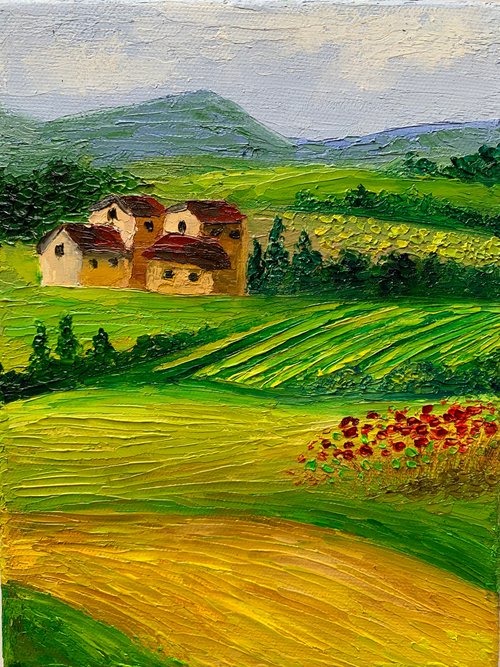 Tuscan landscape - 2 ! Textured oil painting on ready to hang canvas by Amita Dand