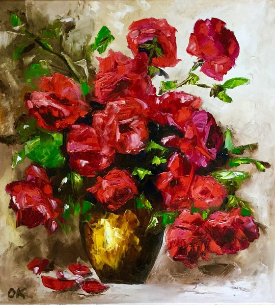 BOUQUET OF RED ROSES  palette knife still life  flowers Dutch style  office home decor gift